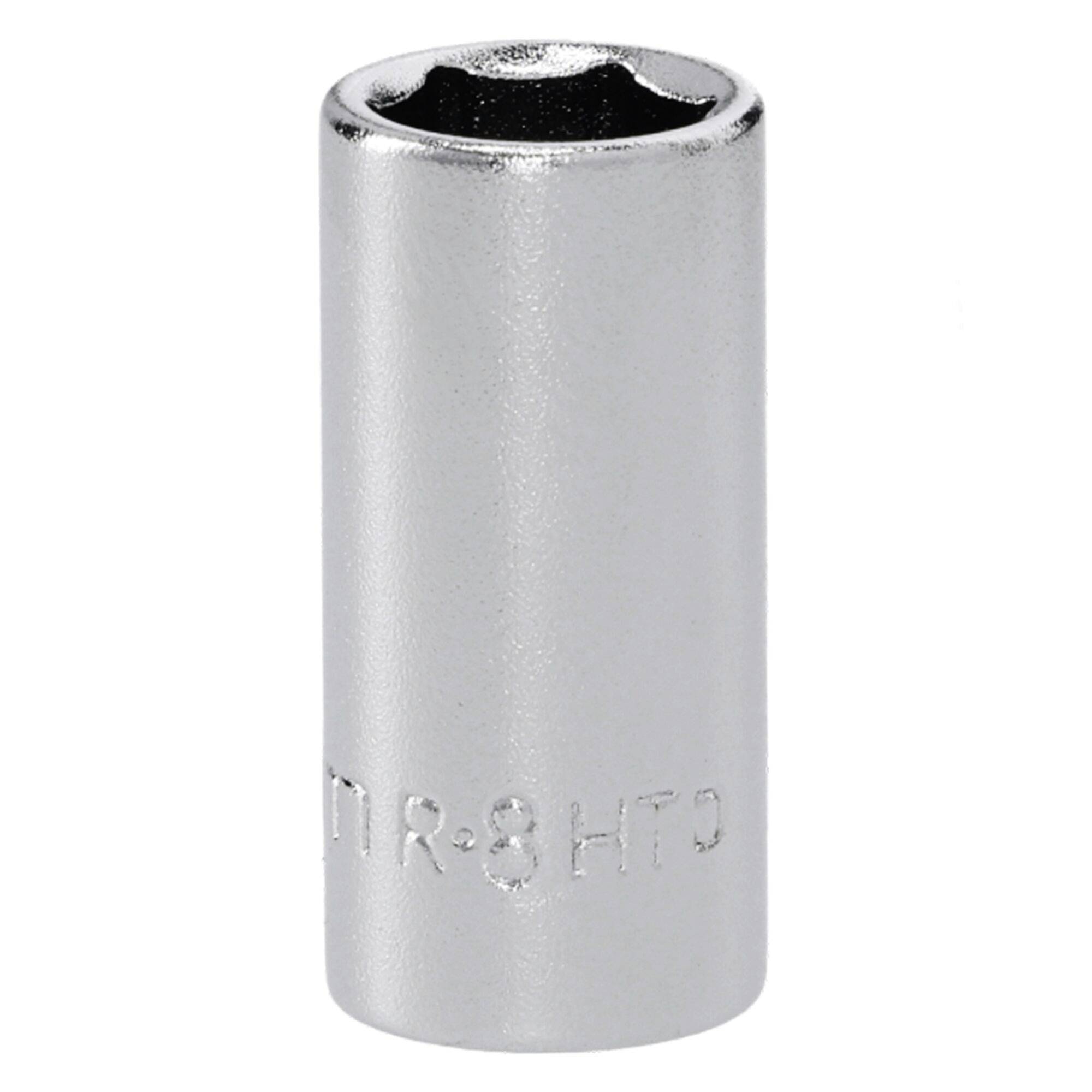 A metallic socket wrench head, cylindrical with a hexagonal opening, used for tightening or loosening bolts or nuts.