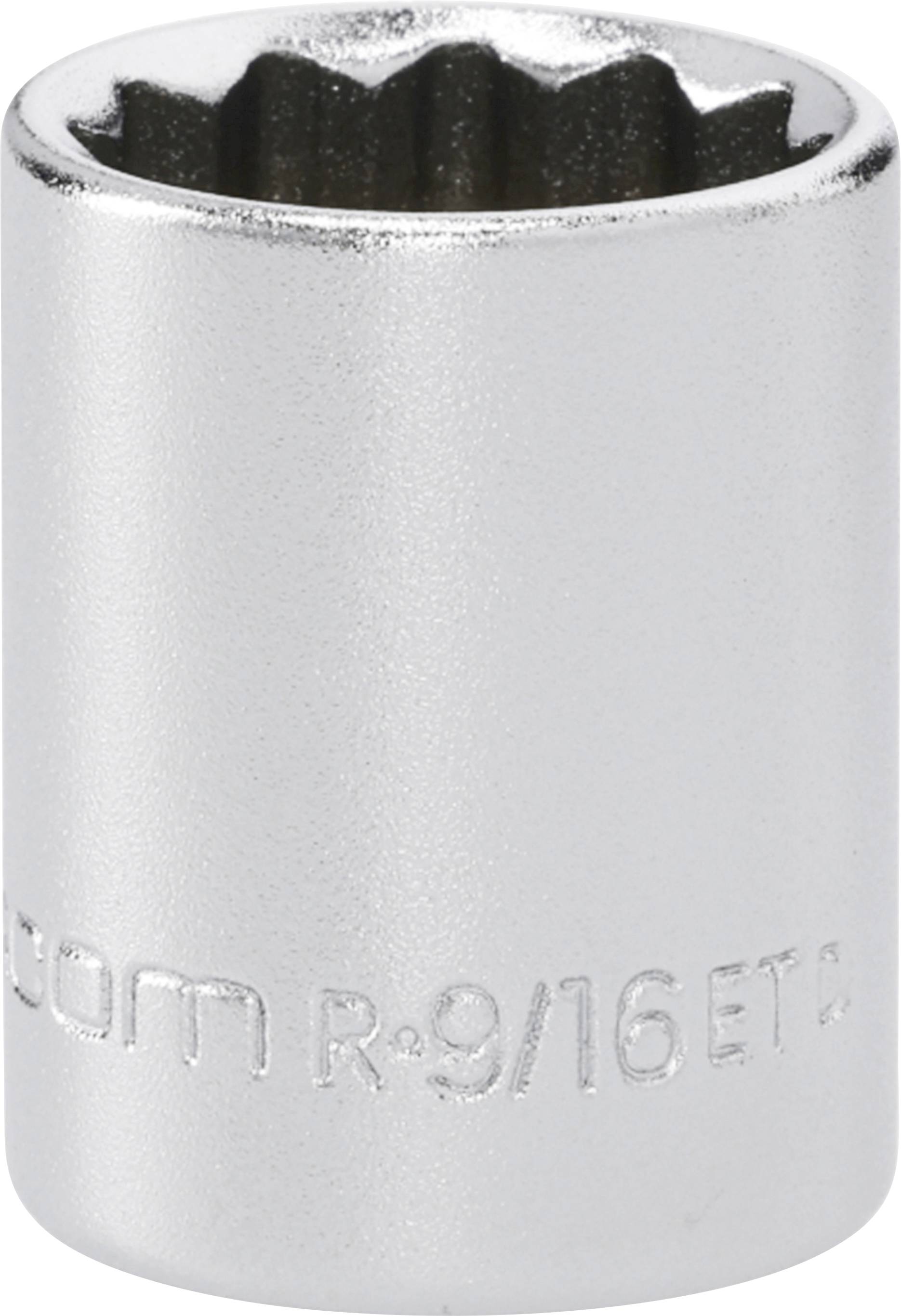 Close-up of a silver 12-point socket tool with embossed size marking '10mm R9/16ET'.