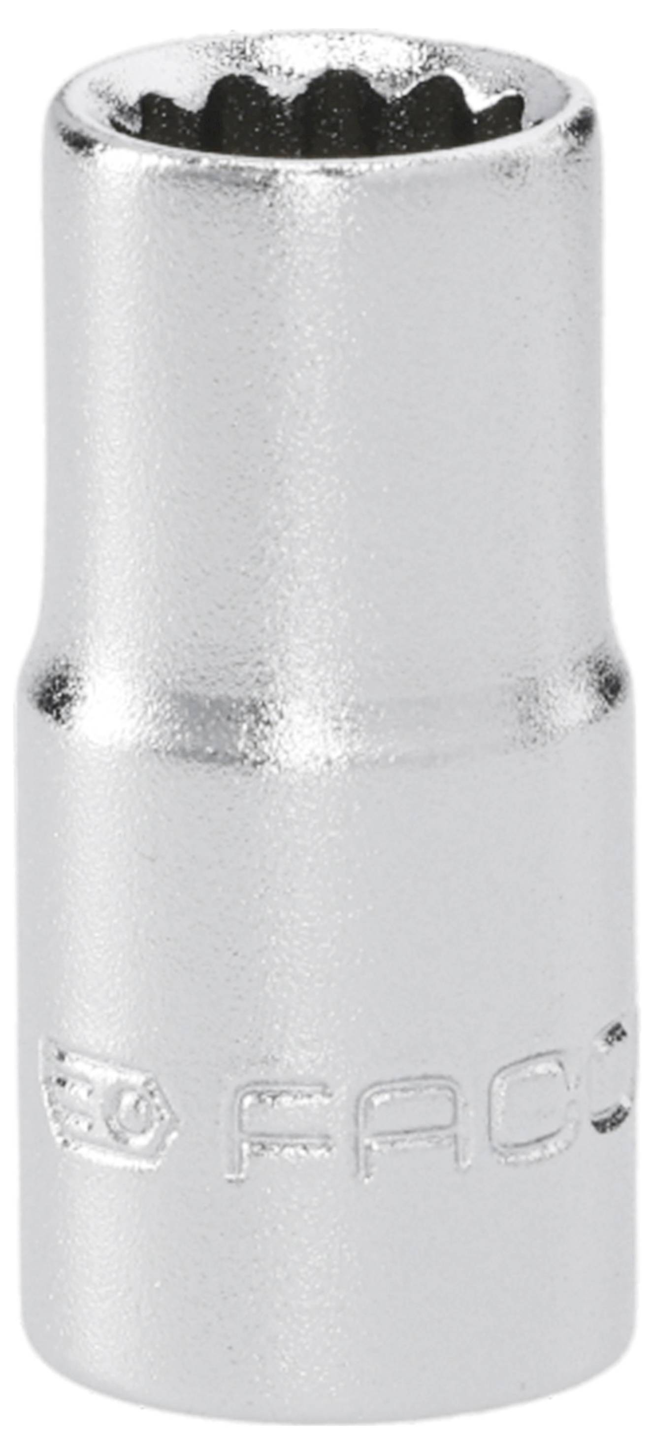 Close-up of a shiny silver socket tool with a six-point opening and 'FACOM' embossed near the bottom.