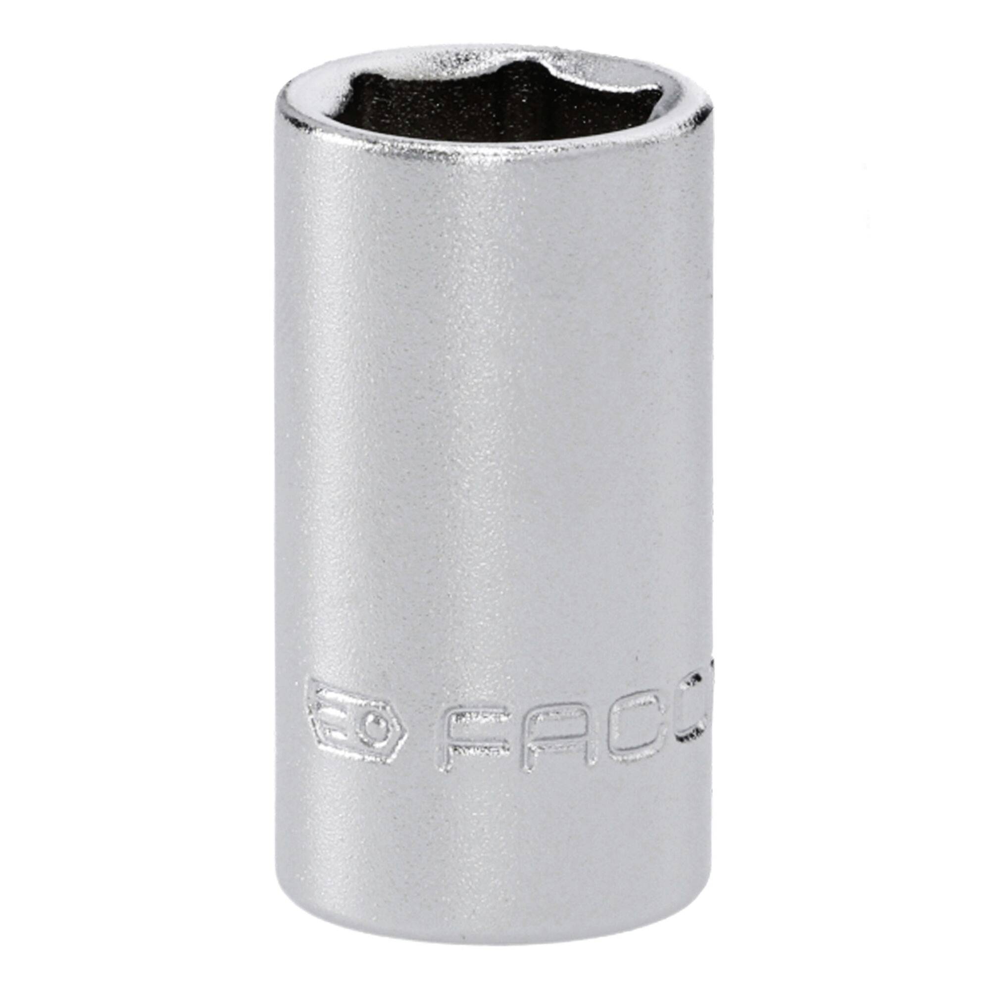 A silver socket wrench attachment with engraved text, designed for tightening or loosening nuts and bolts.