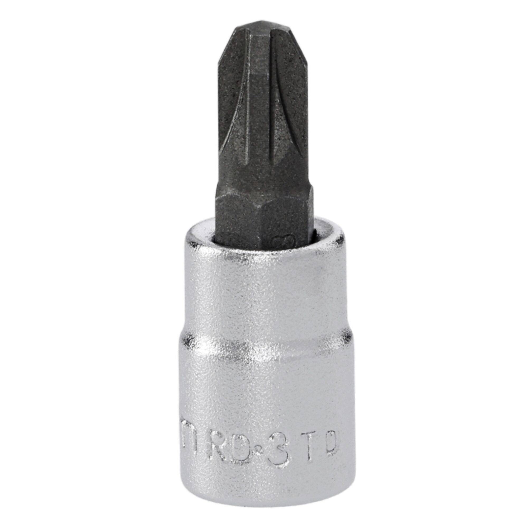 A silver screwdriver bit for use with a socket wrench, featuring a hexagonal tip.
