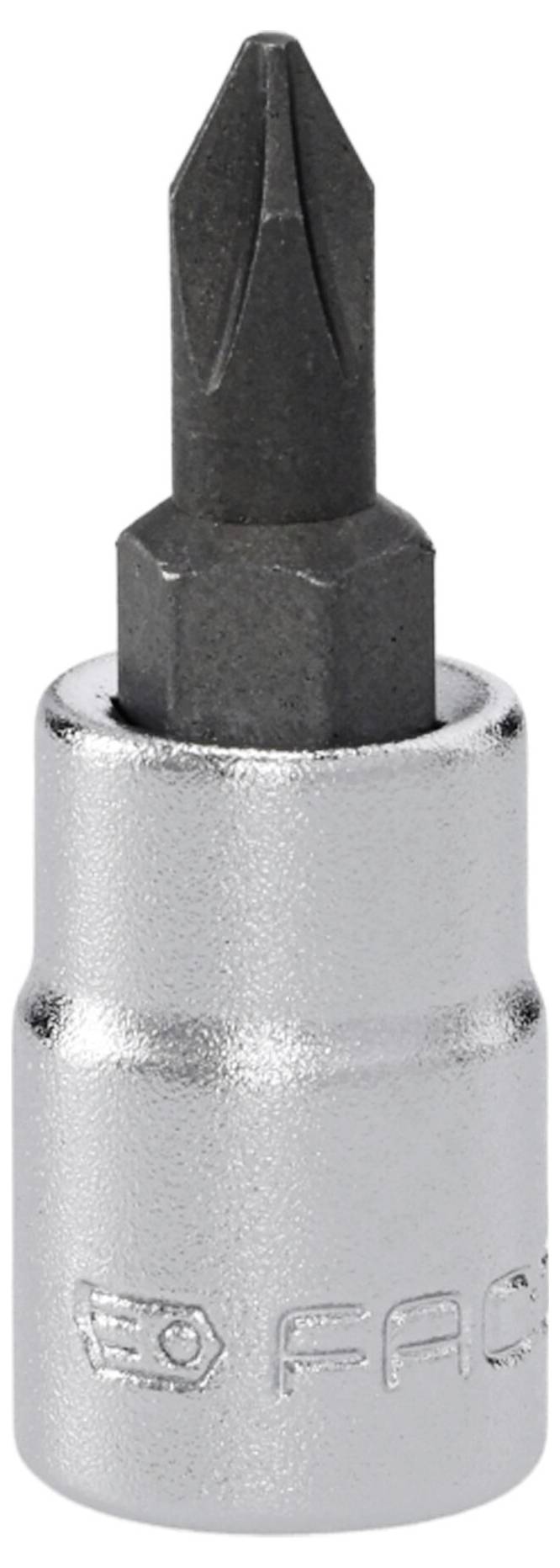 A metallic screwdriver bit with a hexagonal base and a Phillips head, designed for use with ratchet socket wrenches.