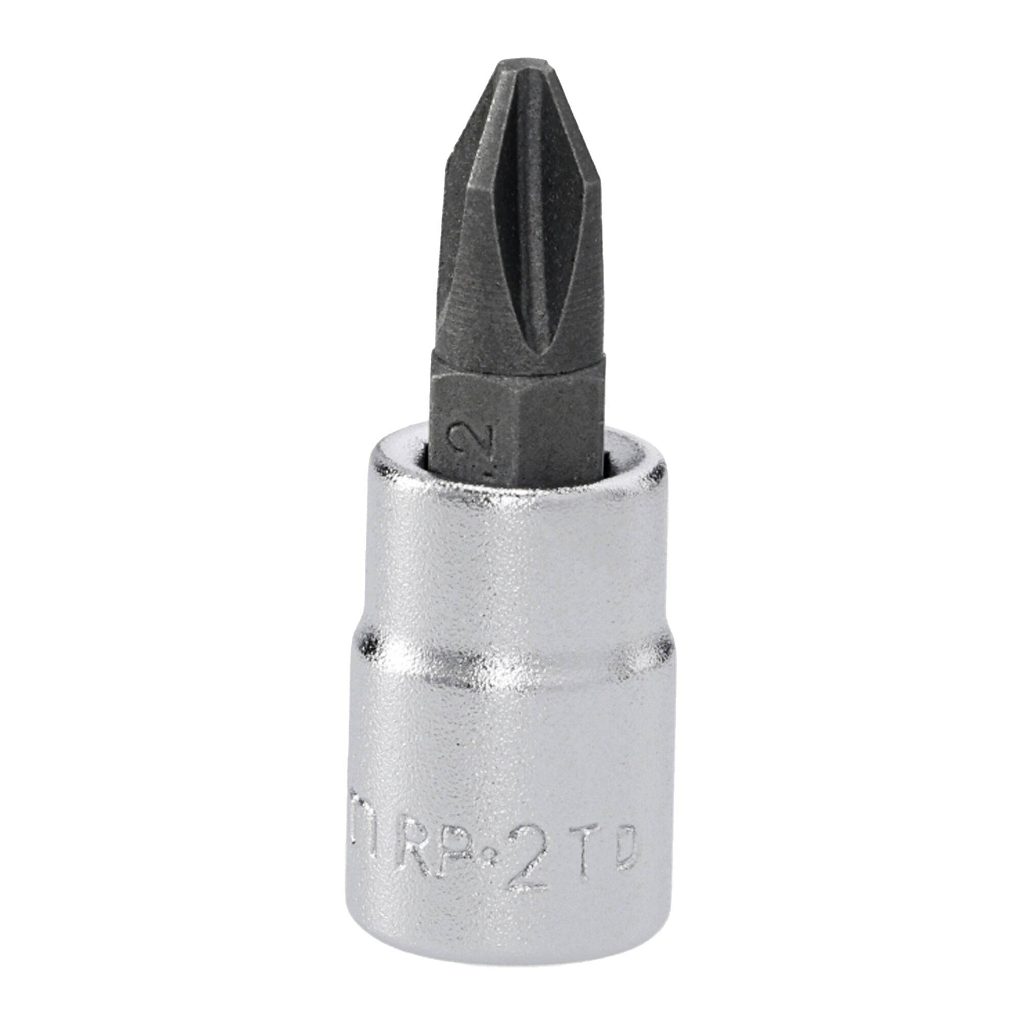 A steel Phillips screwdriver bit with a hex base, designed for use with a socket wrench, displaying the number '2' on the bit.