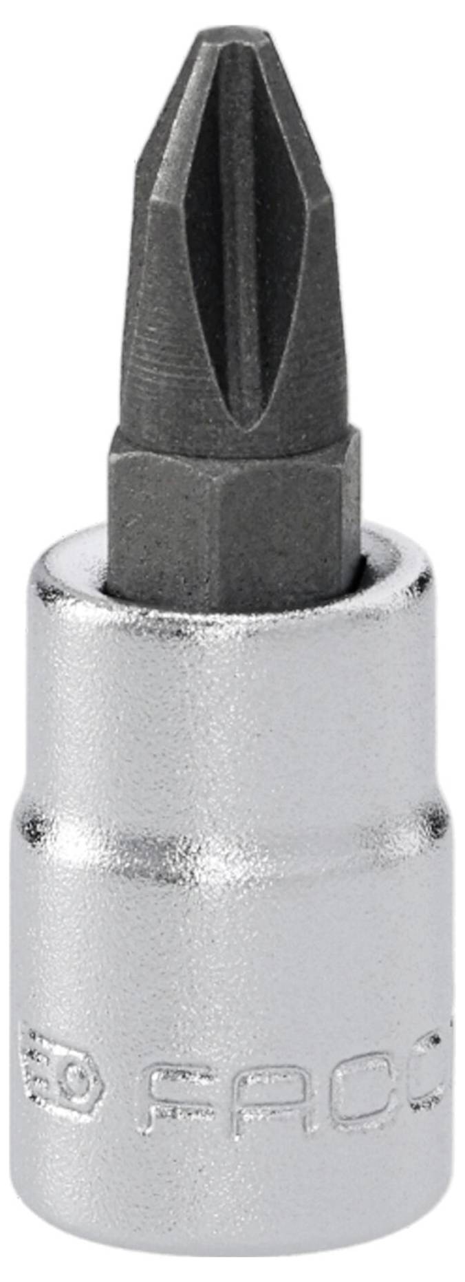 A metallic screwdriver bit with a hexagonal base and a pointed, cross-shaped tip, designed for Phillips head screws.