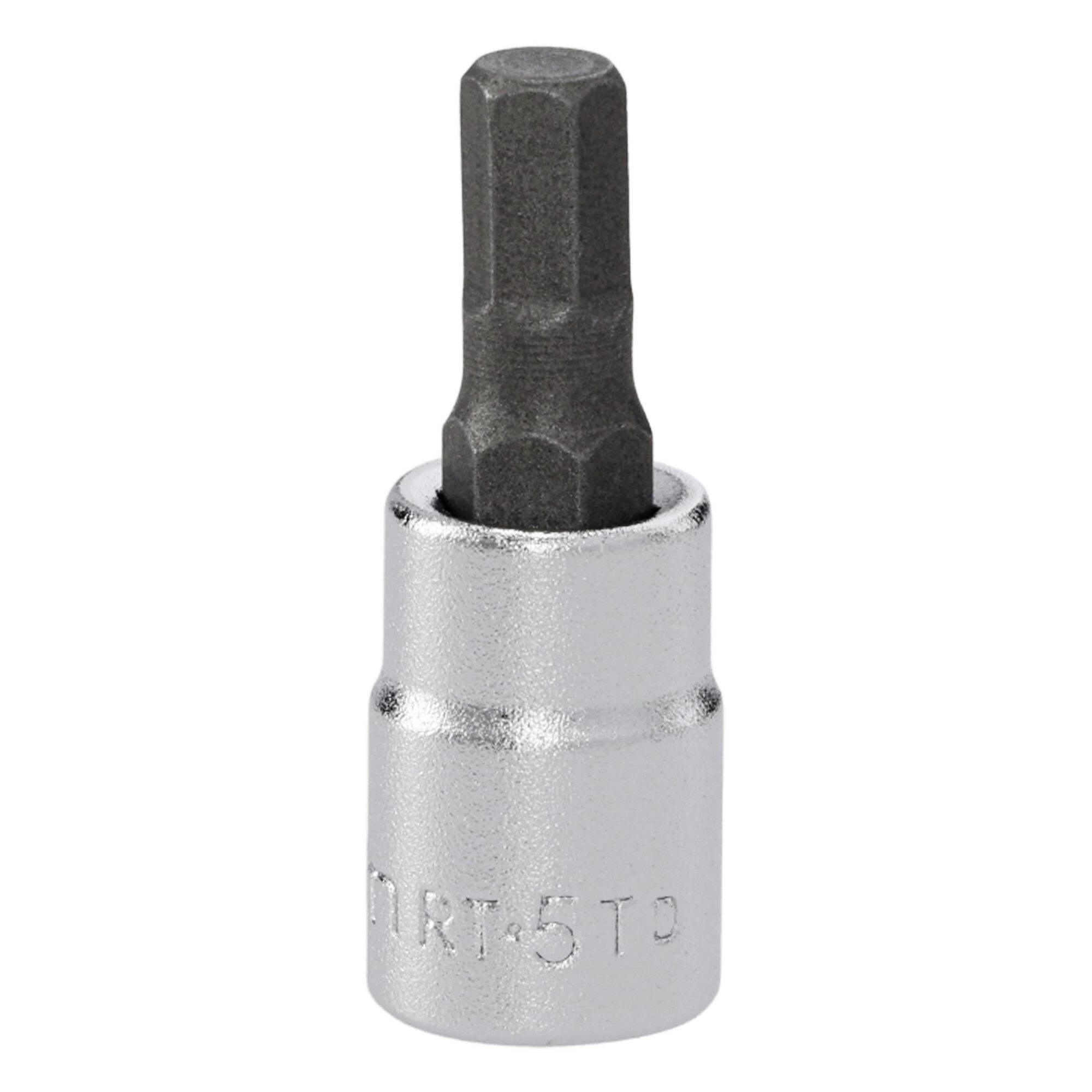 A metal hex bit socket tool designed for tightening and loosening bolts, featuring a hexagonal top for compatibility with screwdrivers.
