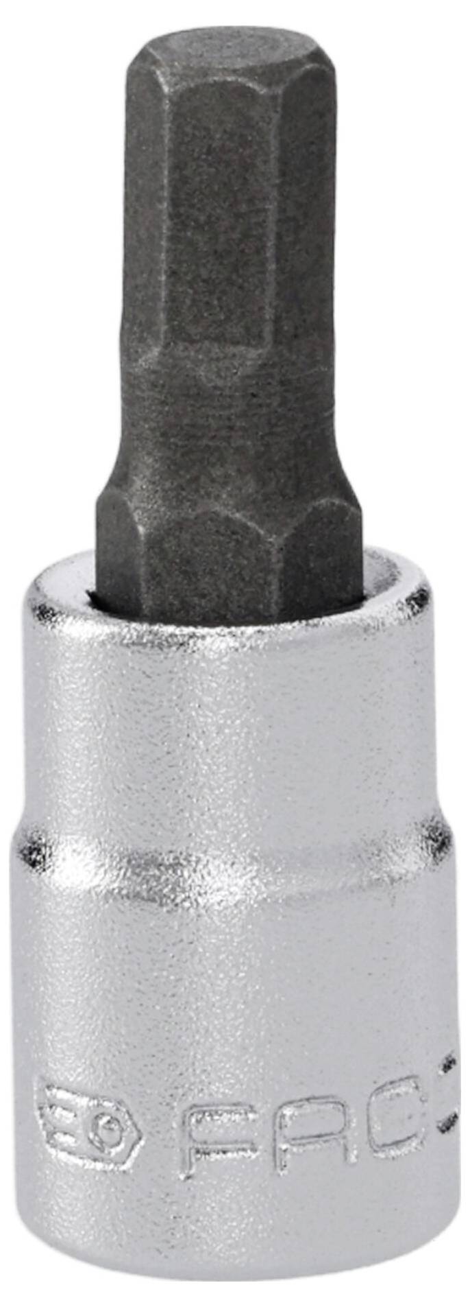 A hex socket wrench with a hexagonal drive tip, used for tightening or loosening bolts and screws, has a metal finish and compact design.