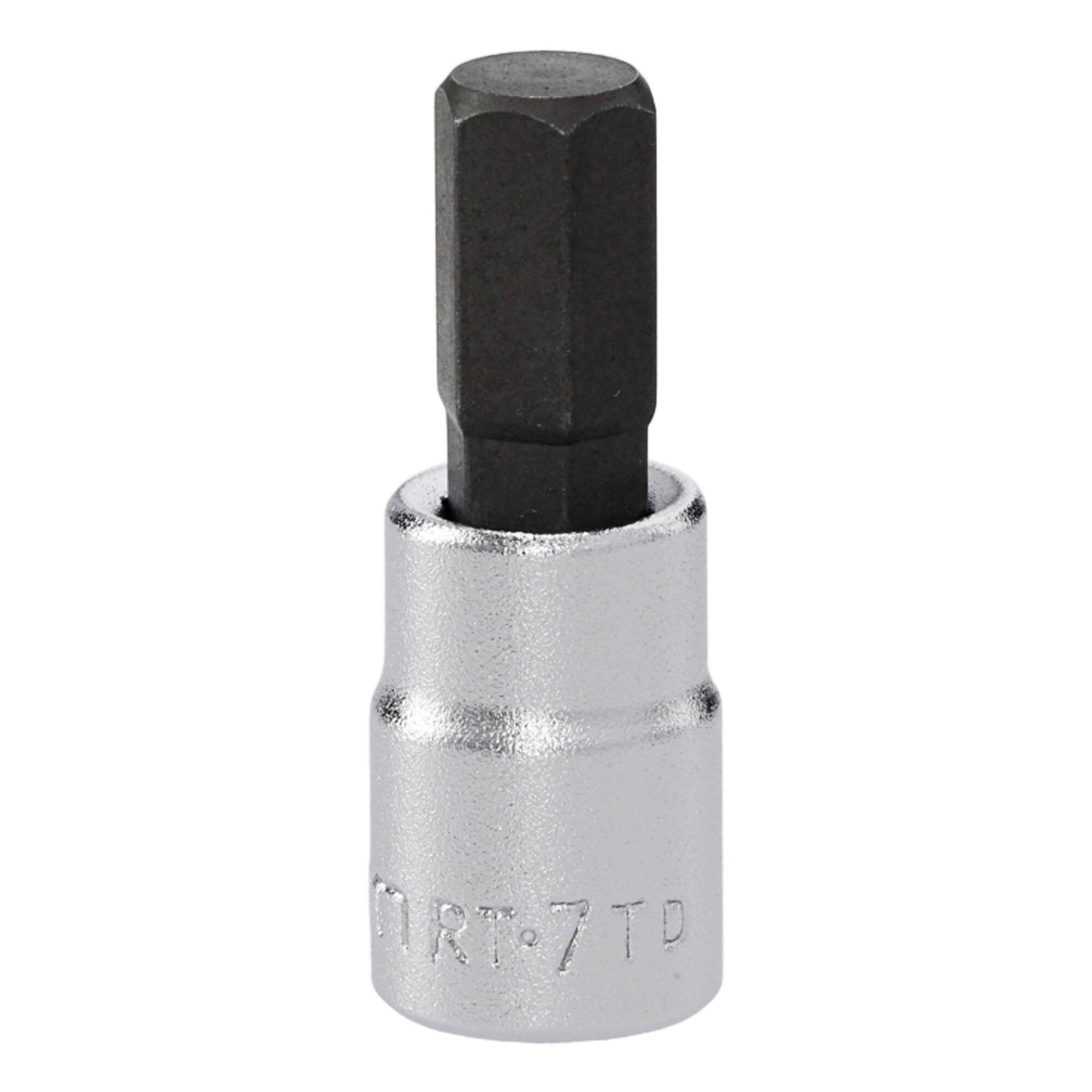 A hex bit socket, featuring a hexagonal head, is made of metallic material with a shiny, silver finish and a black tip.