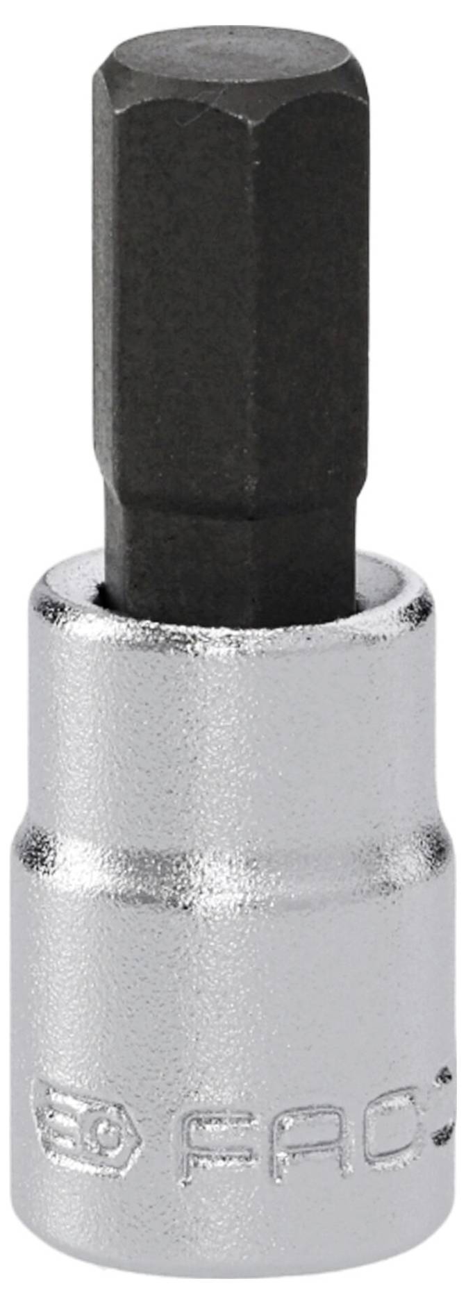 Socket with a hex bit, featuring a metallic finish and engraved logo, used for tightening screws or bolts. Ideal for mechanical tasks.