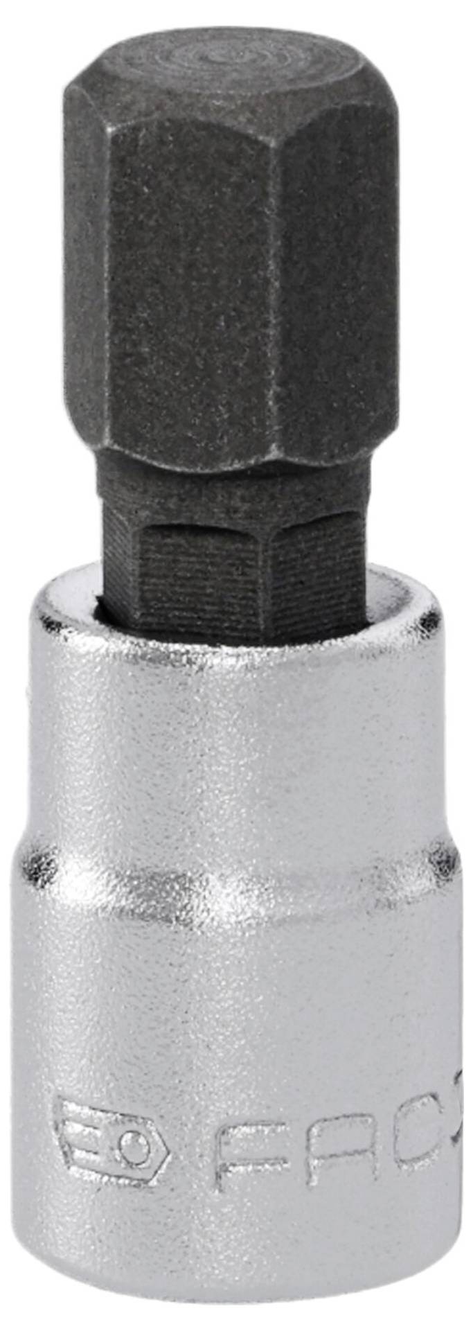 A metallic hex socket bit with a black hexagonal head and silver cylindrical body, used for tightening or loosening bolts.