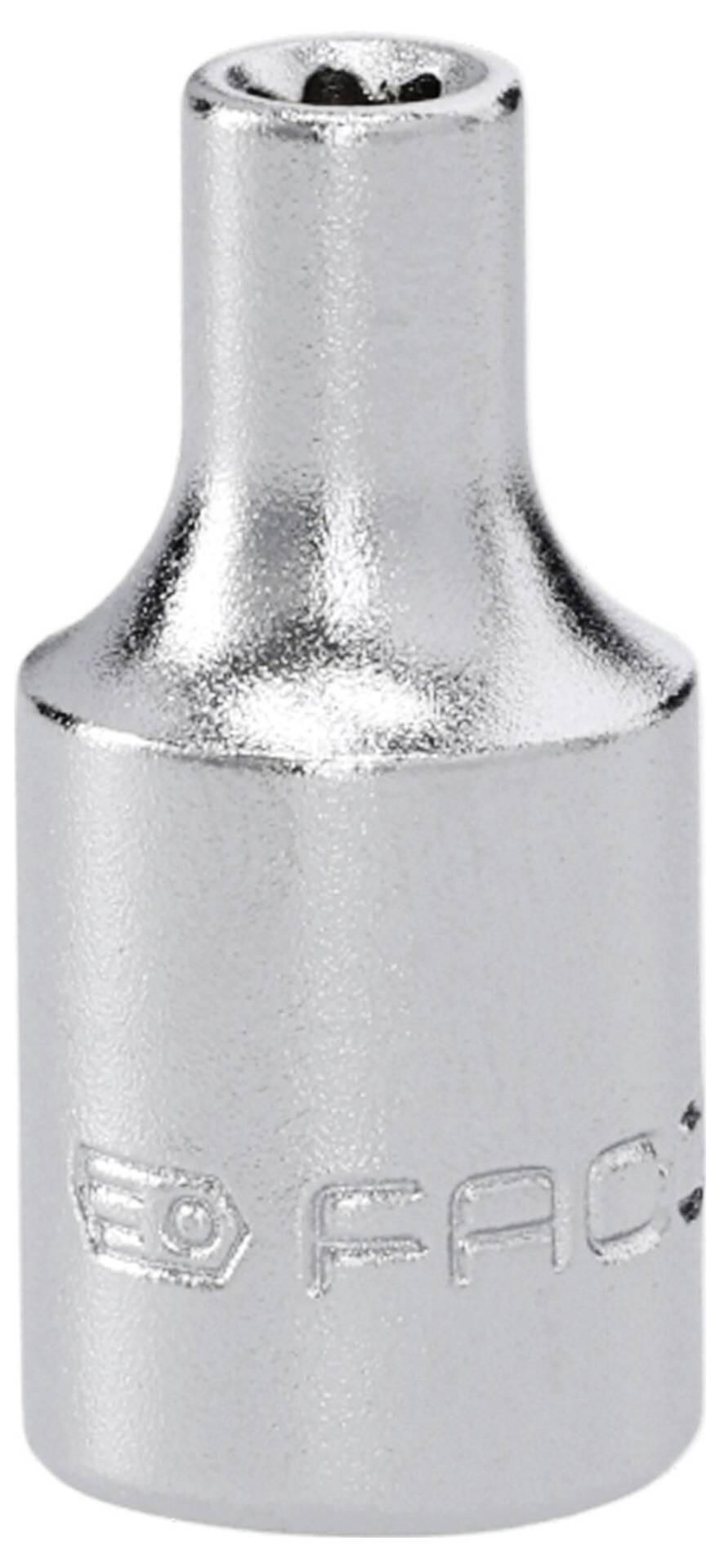 A metallic tool bit with a hexagonal opening at one end, designed for use with a ratchet or socket wrench for fastening.
