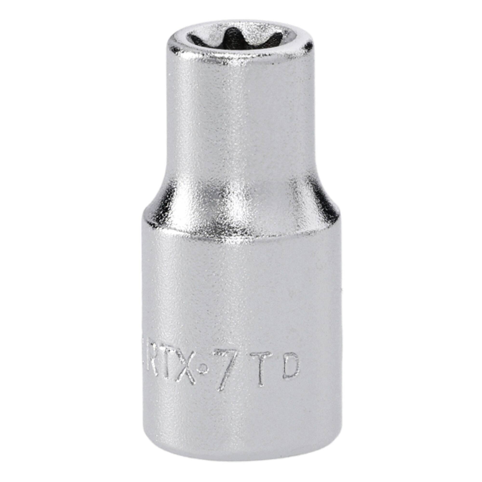 A shiny, metallic socket labeled 'TX-7 TD', used for tightening or loosening fasteners, with a recessed star-shaped head.