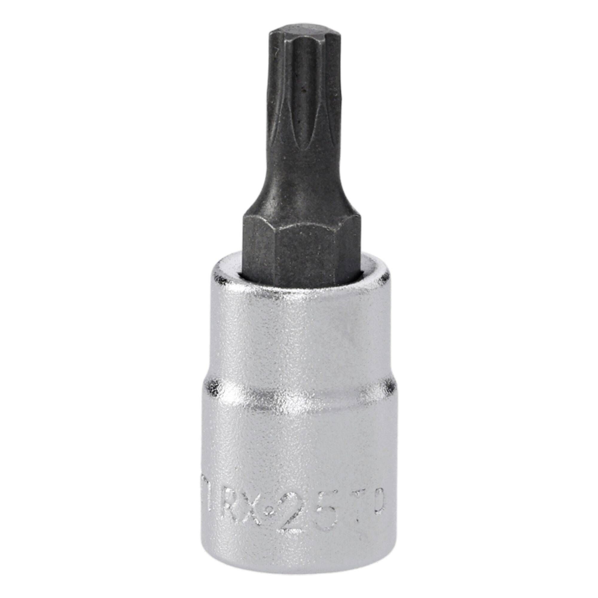A silver metallic Torx bit with a hexagonal base marked 'T25' used for fastening screws with a star-shaped socket.