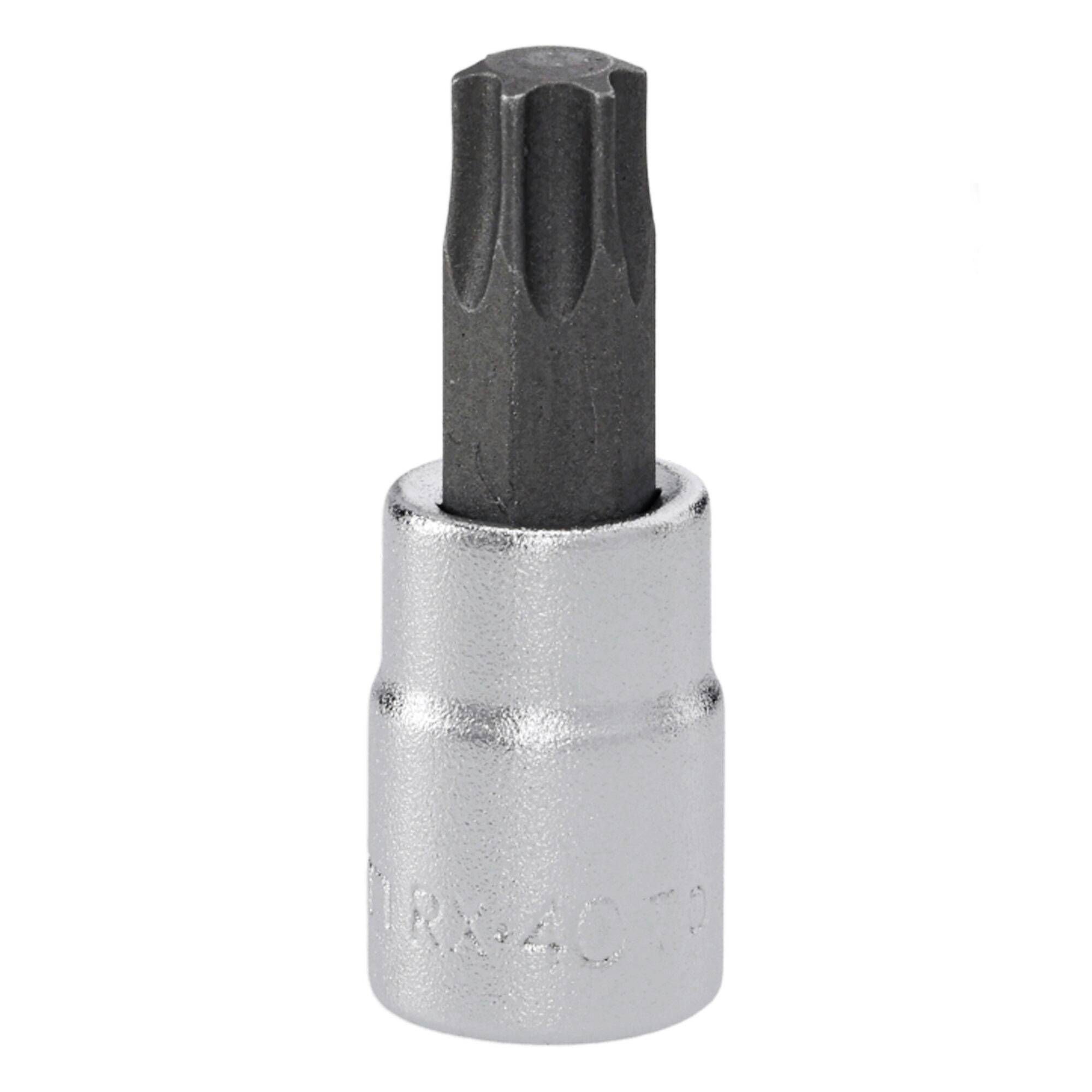 A silver socket with a black Torx bit attached, used for driving screws or bolts with a star-shaped Torx head.