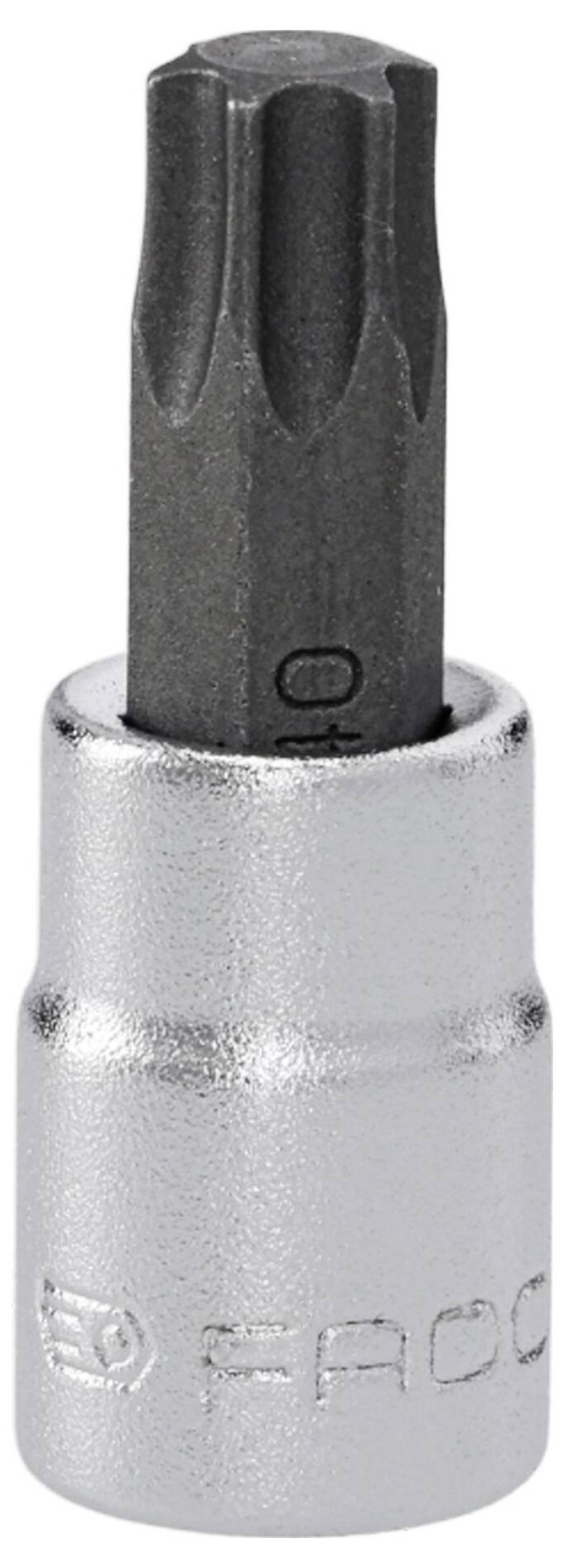 A metallic T-40 Torx bit with a socket attachment, used for driving screws with star-shaped indentations, displayed upright.