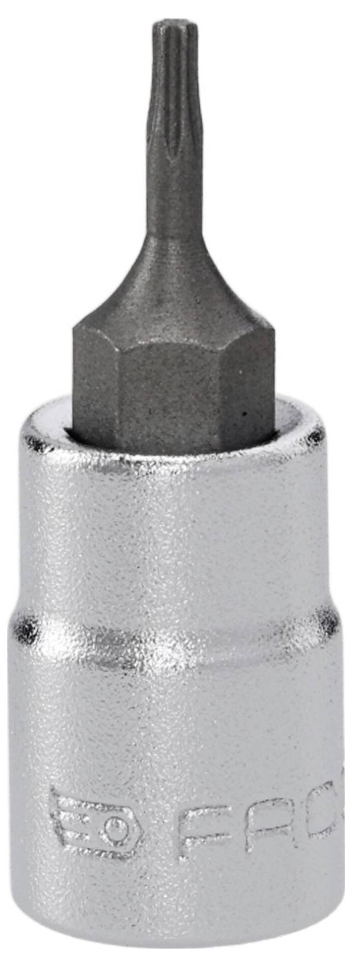 A silver metal socket wrench bit with a hex shank and a star-shaped tip, used for tightening or loosening screws with star patterns.