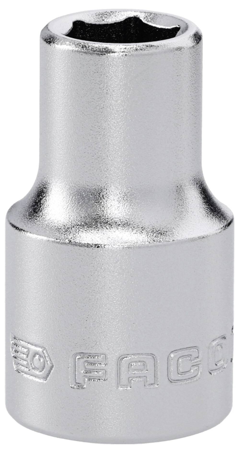 A chrome socket from a tool set, cylindrical shape with hexagonal interior, embossed with branding at the base.