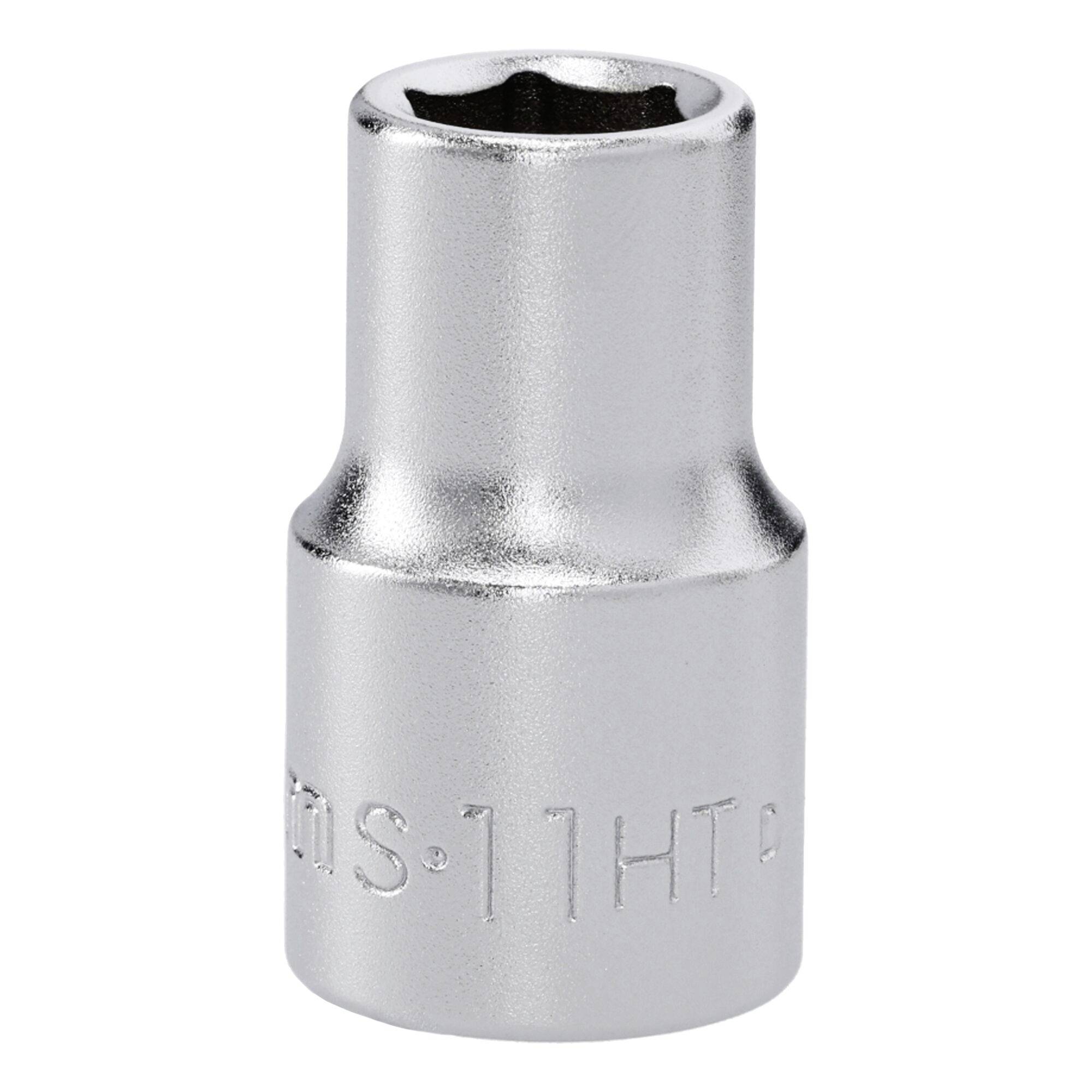 A silver socket wrench head with a hexagonal opening, labeled with '11HT' on its side. Used for tightening or loosening bolts.
