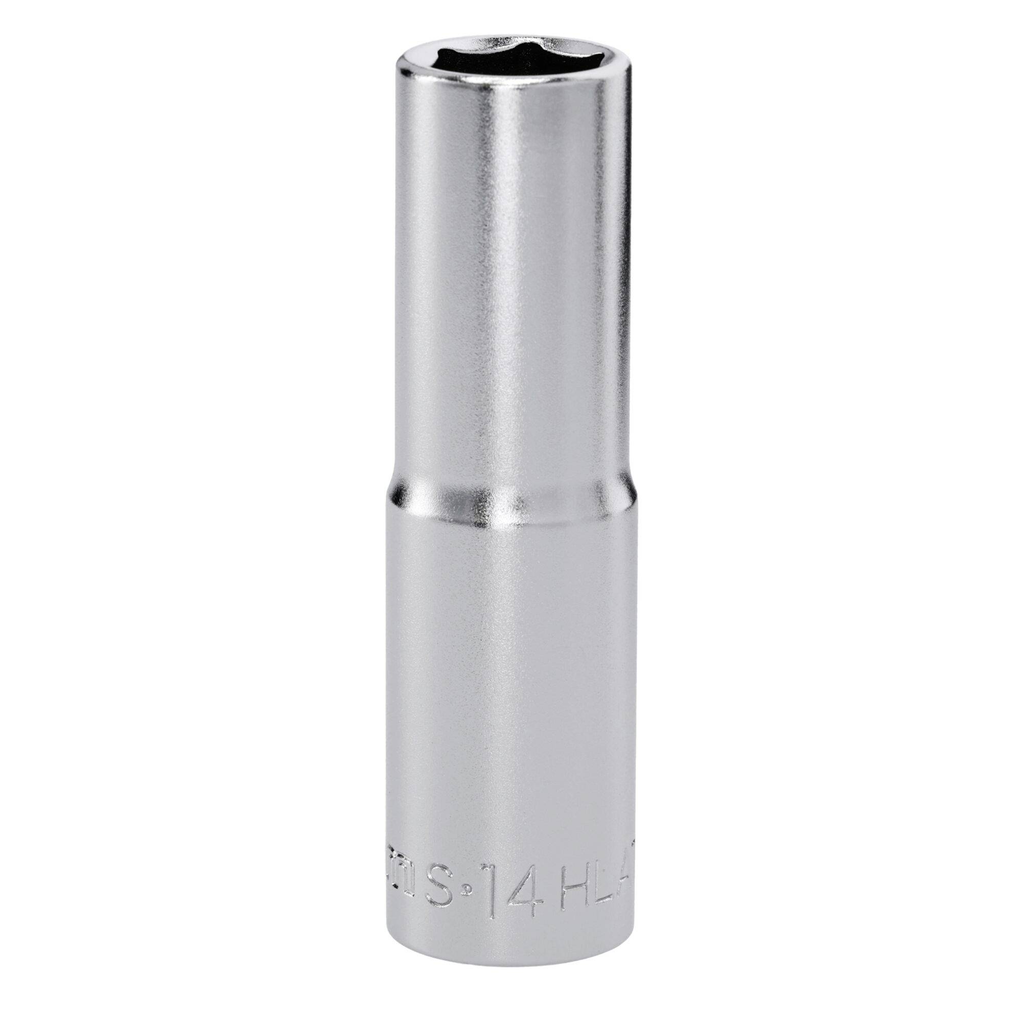 A 14 mm deep socket with a chrome finish, used for tightening or loosening bolts. Designed for use with a ratchet or wrench.