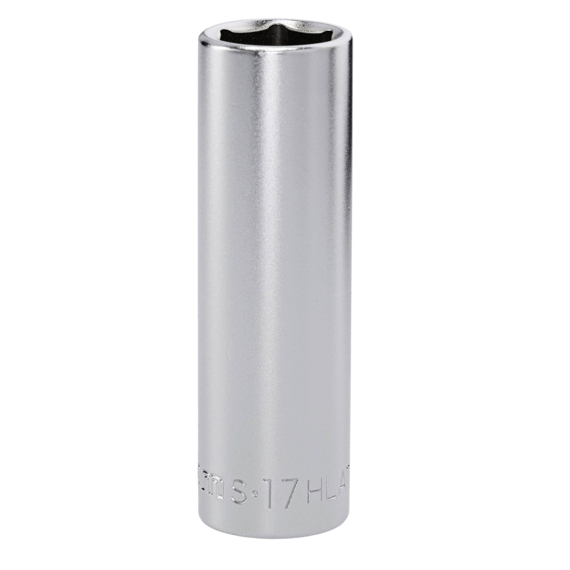 A metallic silver socket wrench of size 17mm with a six-point star-shaped opening, used for tightening or loosening bolts.