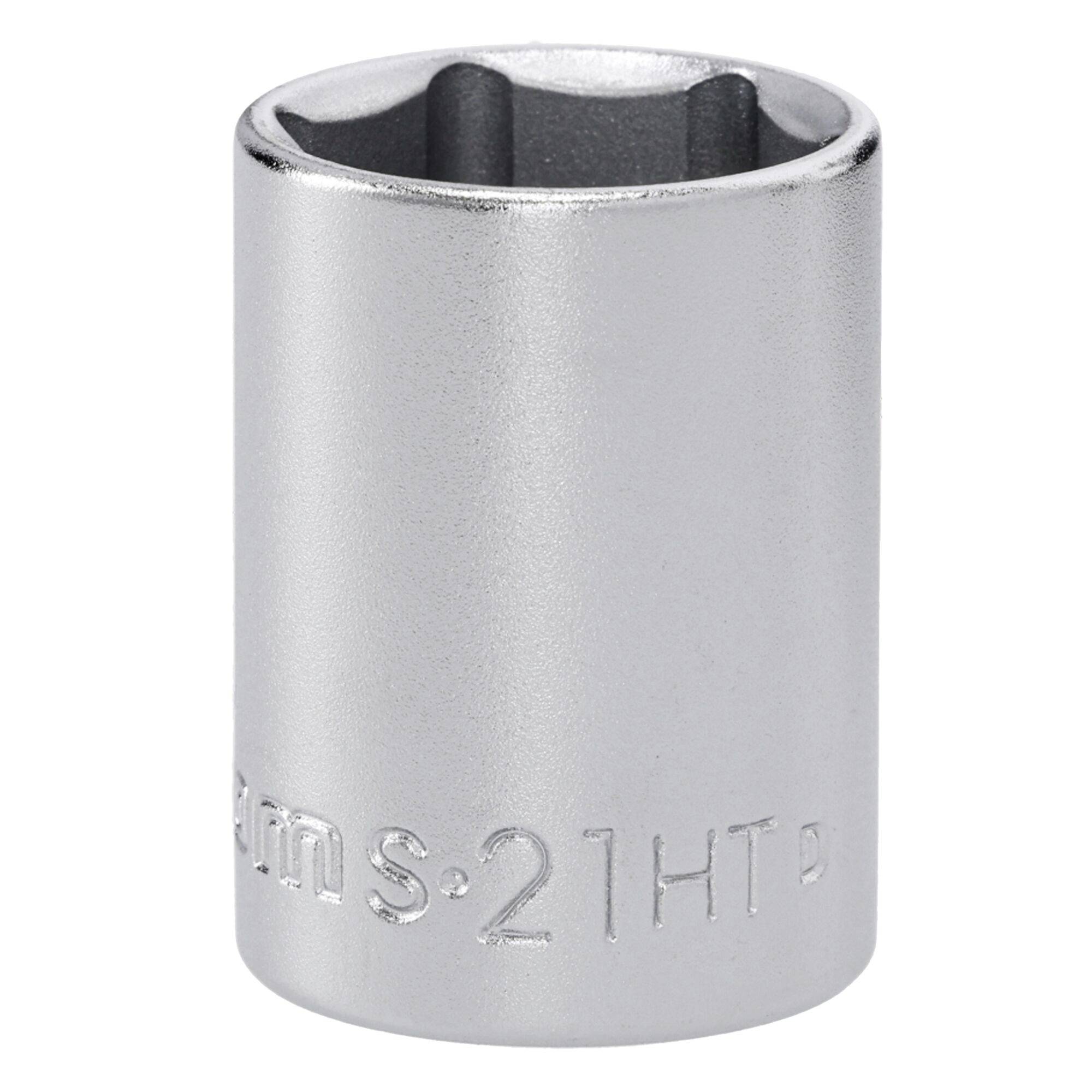 A silver socket wrench head marked with '21' on its side, used for loosening or tightening nuts and bolts.