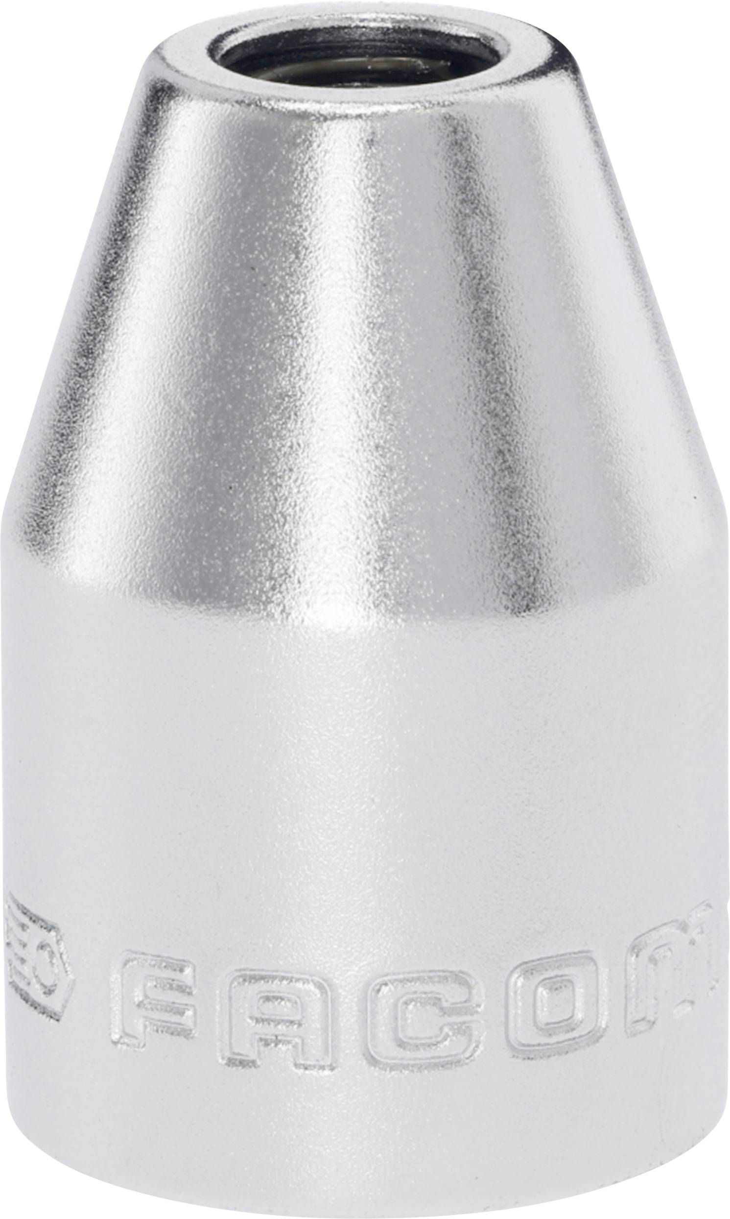 Close-up of a silver metal cone-shaped component with a threaded opening at the top and embossed brand lettering near the base.