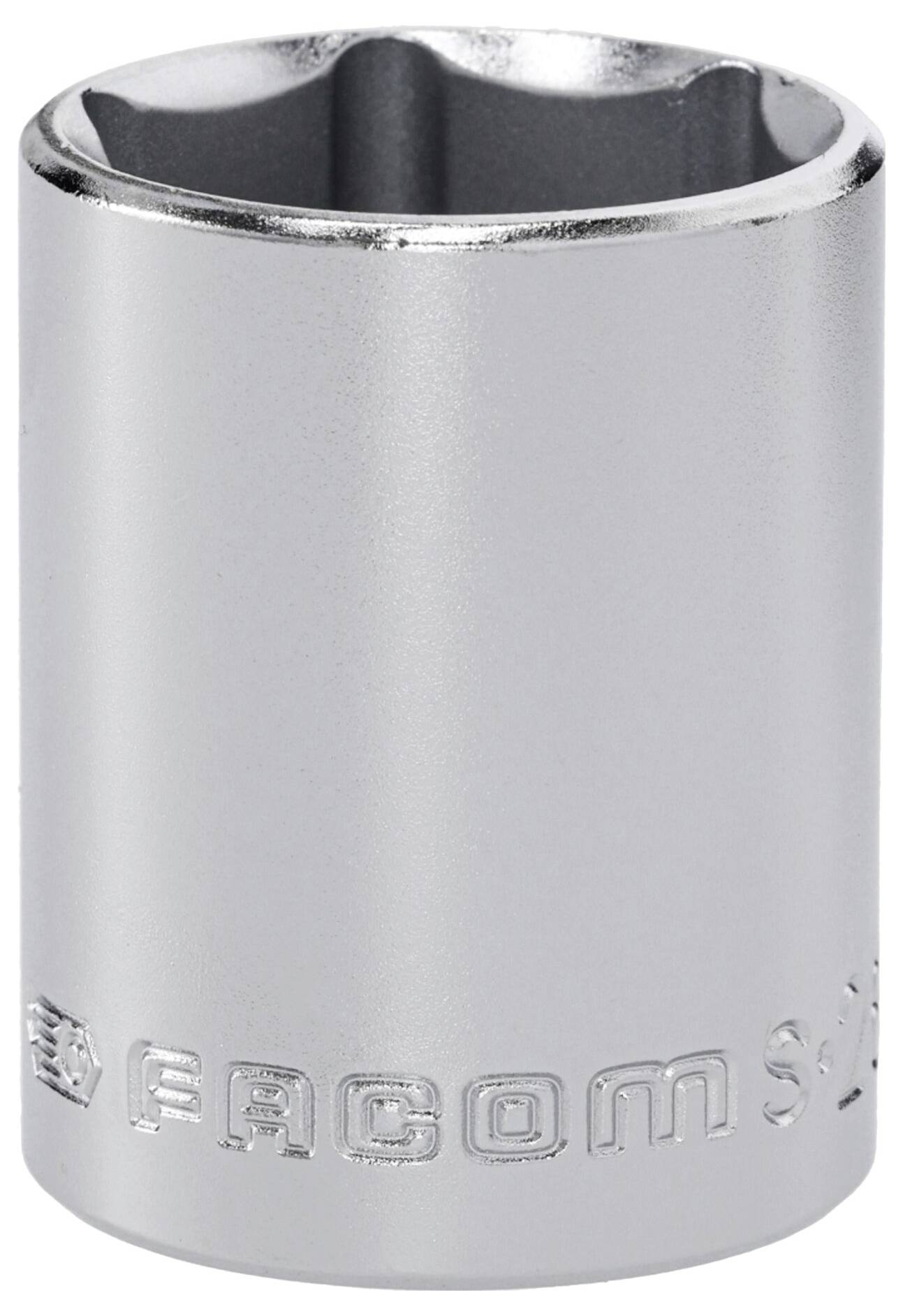 A shiny metal socket wrench tool with 'FACOM' embossed on its side, used for tightening or loosening nuts and bolts.