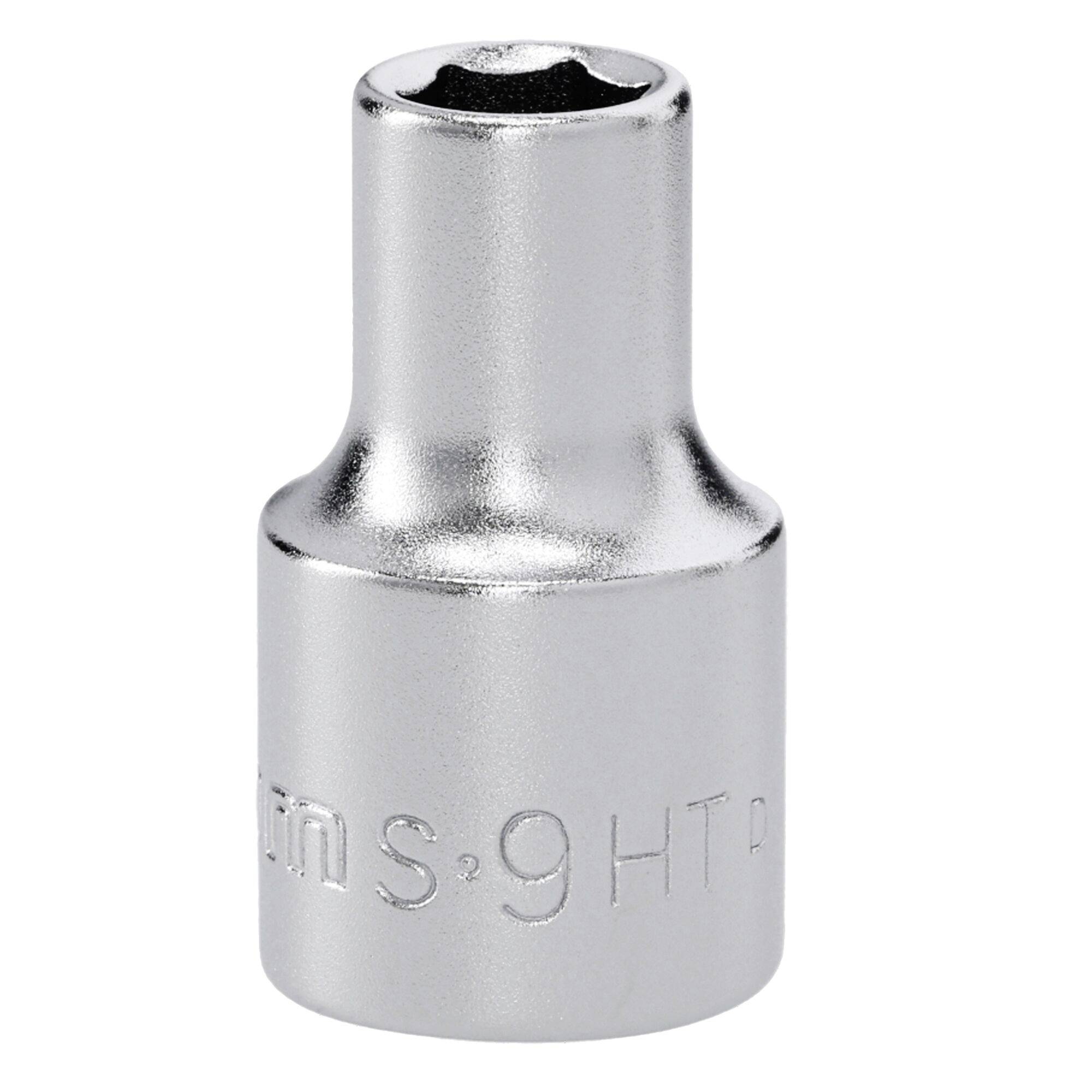 A shiny silver socket wrench head with a hexagonal opening, labeled with '9' and 'HT'. Used for tightening or loosening bolts.