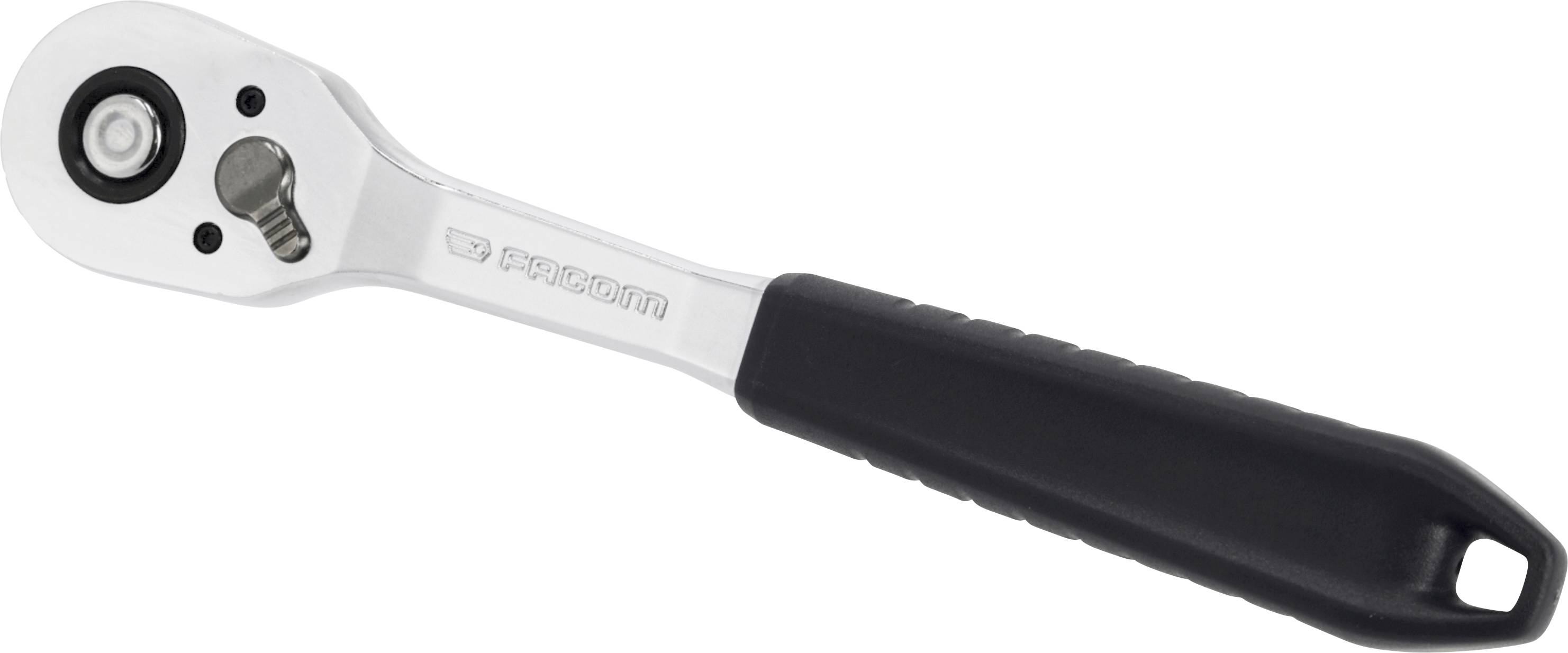 A silver ratchet wrench with a black rubber handle, shown on a white background.