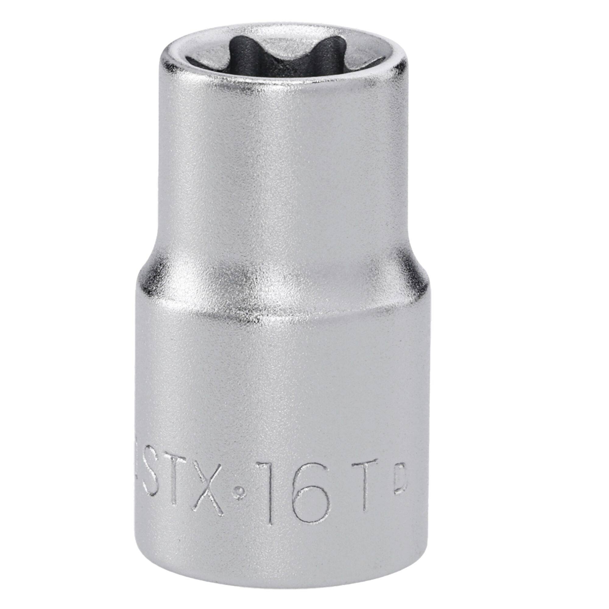 A metal socket wrench attachment with 'STX 16 T' inscribed on its side, designed to fit over bolt heads for tightening or loosening.