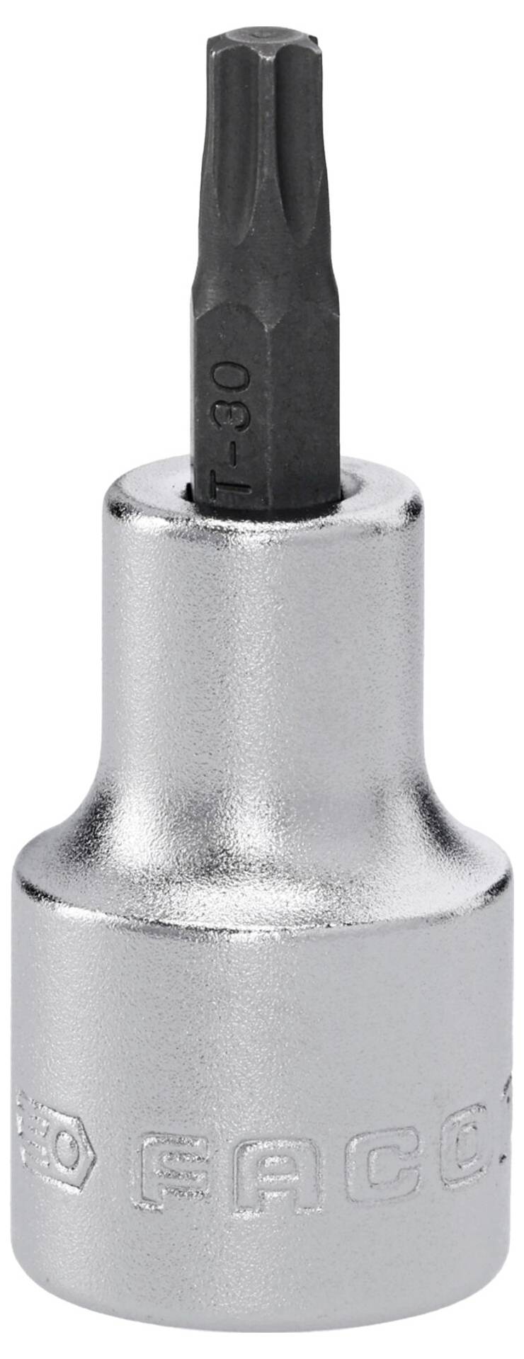 A silver Torx bit socket marked 'FACOM', designed for use with a T30 screw, showing an industrial, metallic finish.