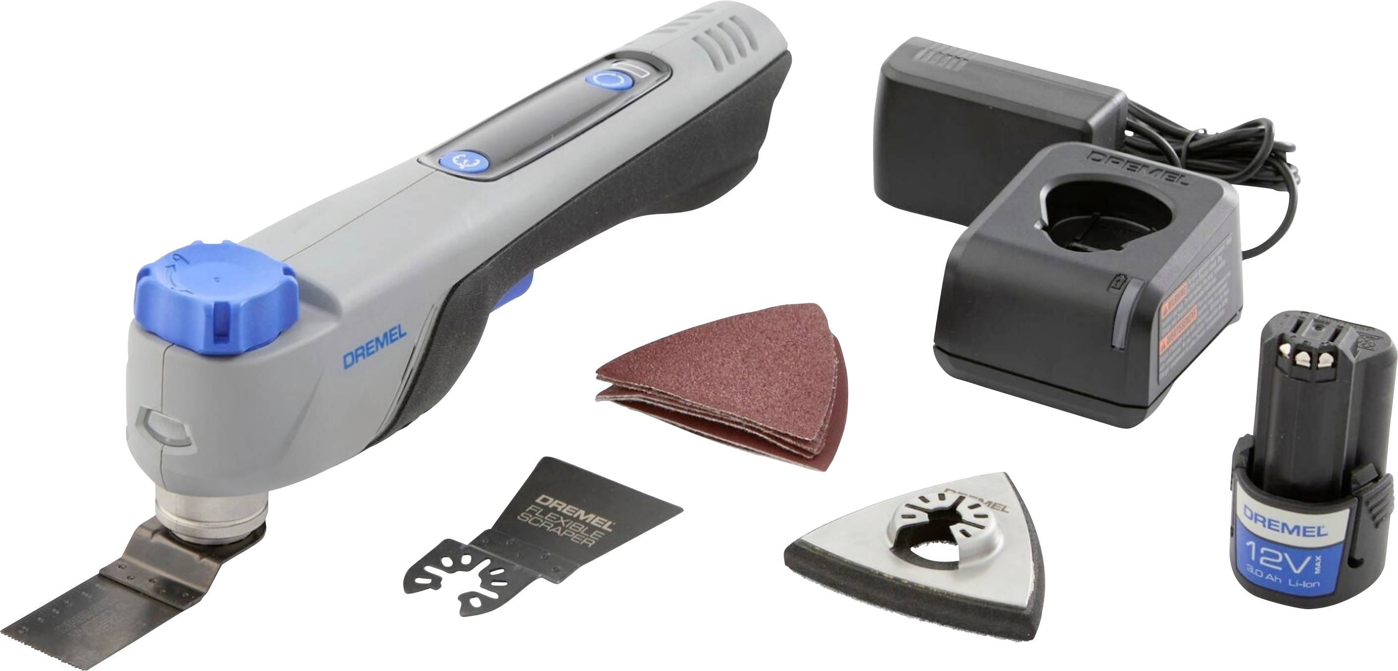 Cordless oscillating multi-tool with battery charger, battery pack, and three sanding/cutting attachments displayed on a white background.