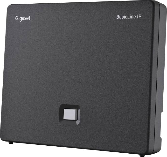A black Gigaset BasicLine IP device shown from a front angle, featuring a central button and minimal text branding on the top corners.