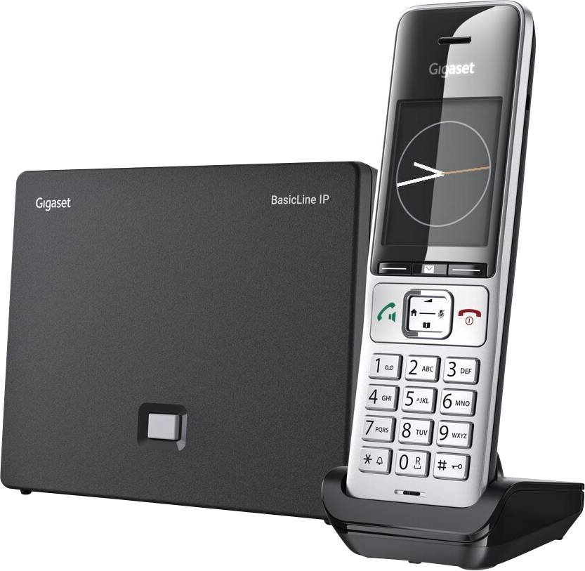 A cordless phone set with a receiver showing a clock on the screen, next to a charging base labeled 'Gigaset BasicLine IP'.