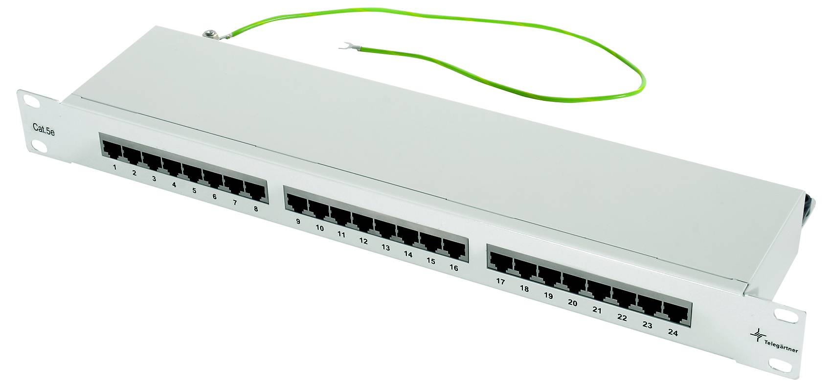 24-port Ethernet network switch with front-mounted numbered ports and two green cables connected on top