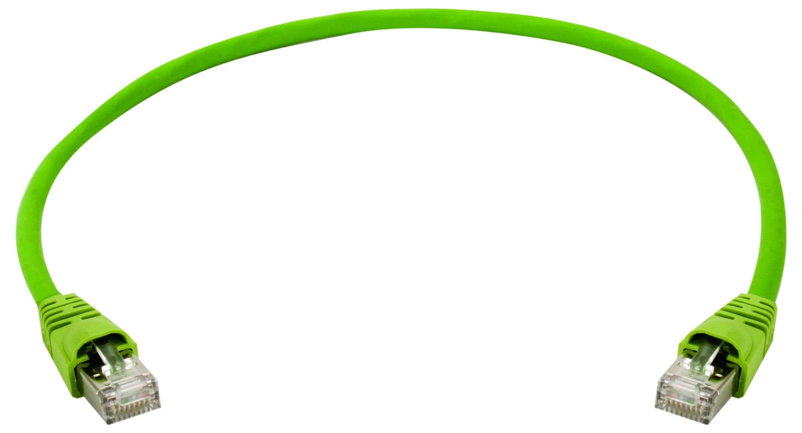 Green Ethernet cable with RJ45 connectors on both ends, curved in an arc on a white background.