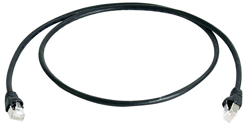 Ethernet network cable with RJ45 connectors on both ends, coiled on a white background.