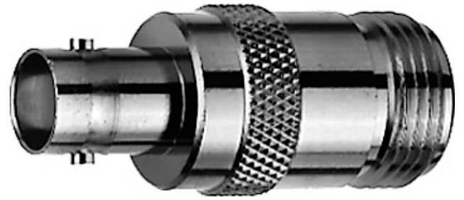 Metal coaxial cable connector plug with a knurled grip and threaded end, shown in side view on a white background.