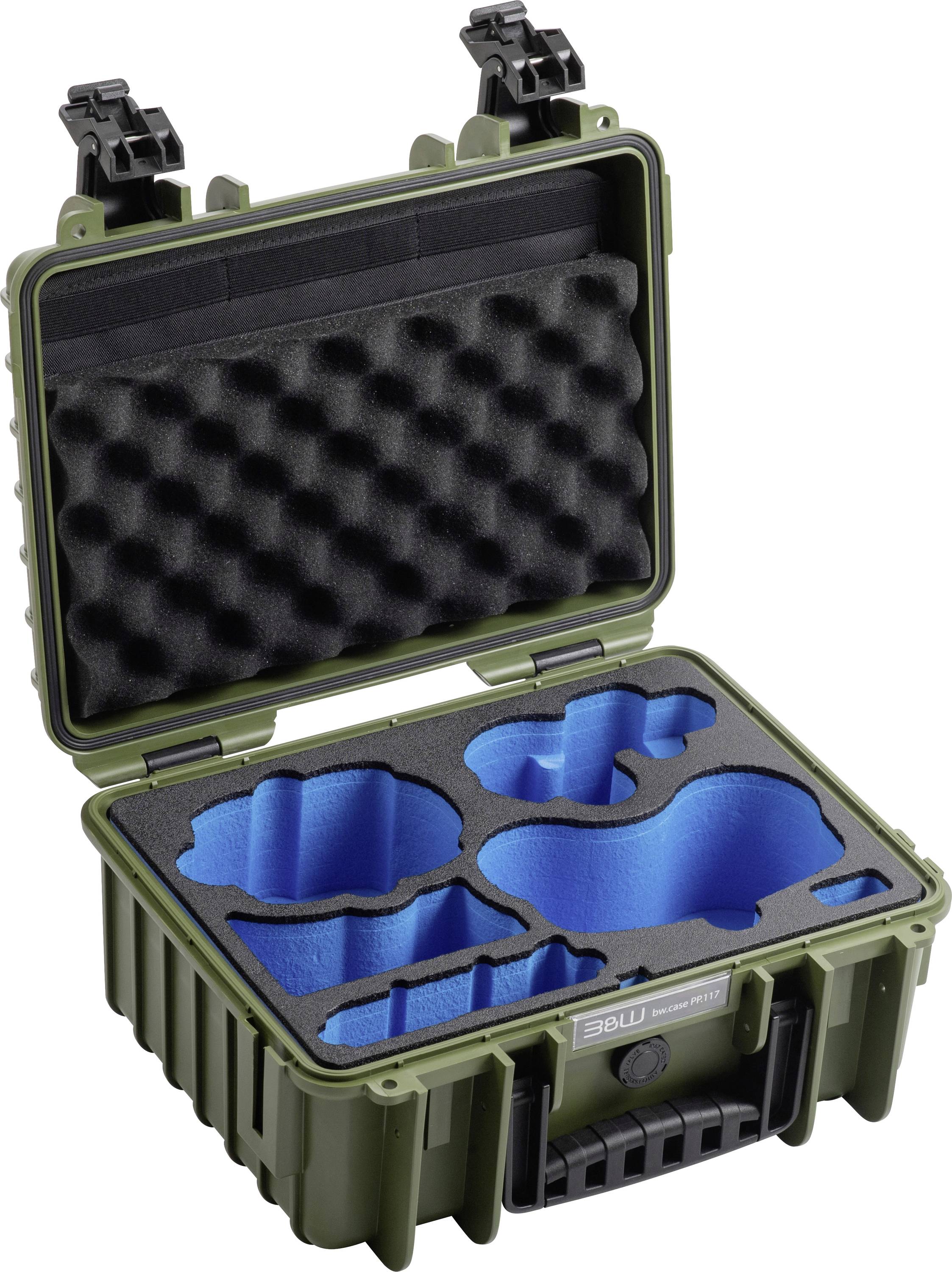 An olive green protective carrying case with custom foam cutouts shaped for specific items, open to show interior compartments.