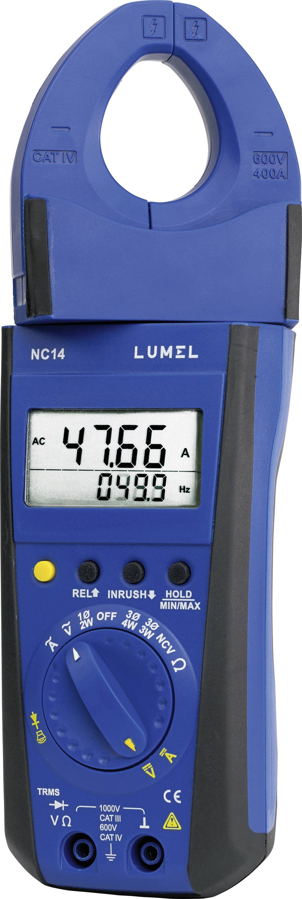 A blue clamp multimeter showing an AC measurement of '47.66 A' and a frequency of '499.9 Hz' on its digital display.