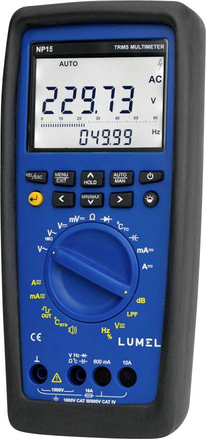 A digital multimeter displaying '229.73 V' and '49.99 Hz'. It has a blue face, rotary dial, and several buttons for measurement options.