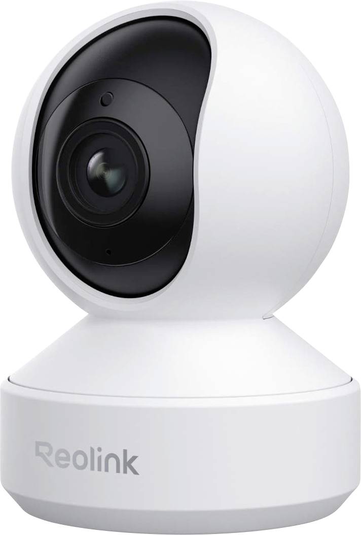 A white Reolink security camera with a black lens, designed for surveillance, sitting on a flat surface.