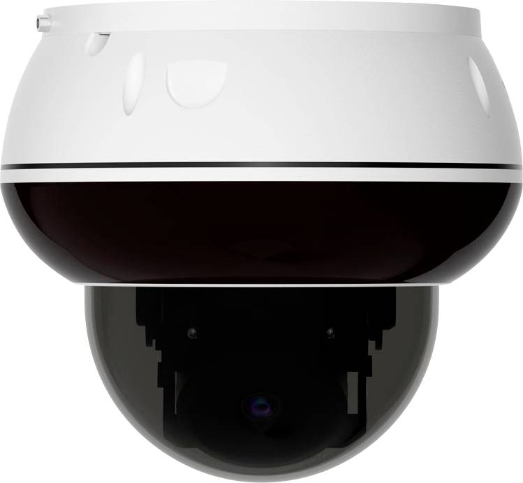 A white and black security camera with a dome-shaped design, typically used for surveillance and monitoring in indoor or outdoor settings.