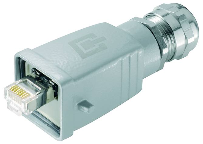 Ethernet cable connector adapter with RJ45 port on one end and metal coax-style connector on the other, shown on a white background.