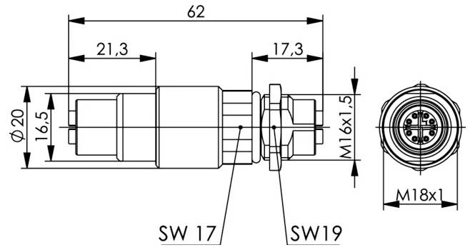Technical dimensioned drawing of a cylindrical connector with front and side views, showing key measurements, thread sizes, and wrench flats SW17 and SW19.
