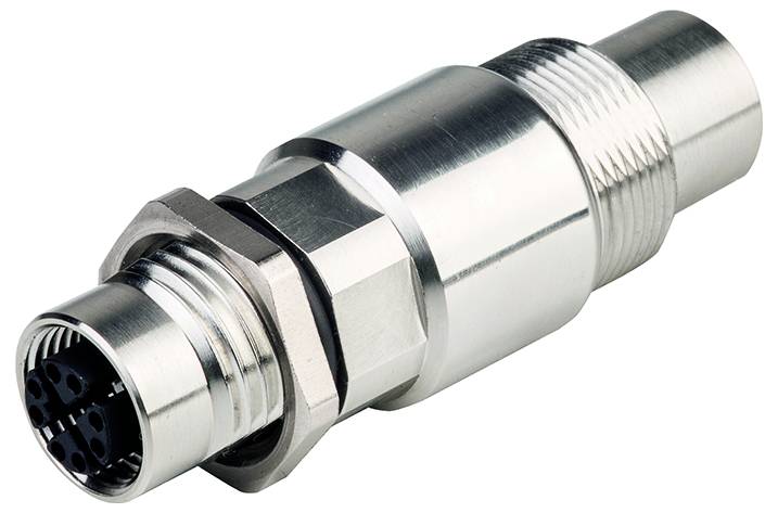 Close-up of a metal circular electrical connector with threaded ends and a hex nut, shown on a white background.