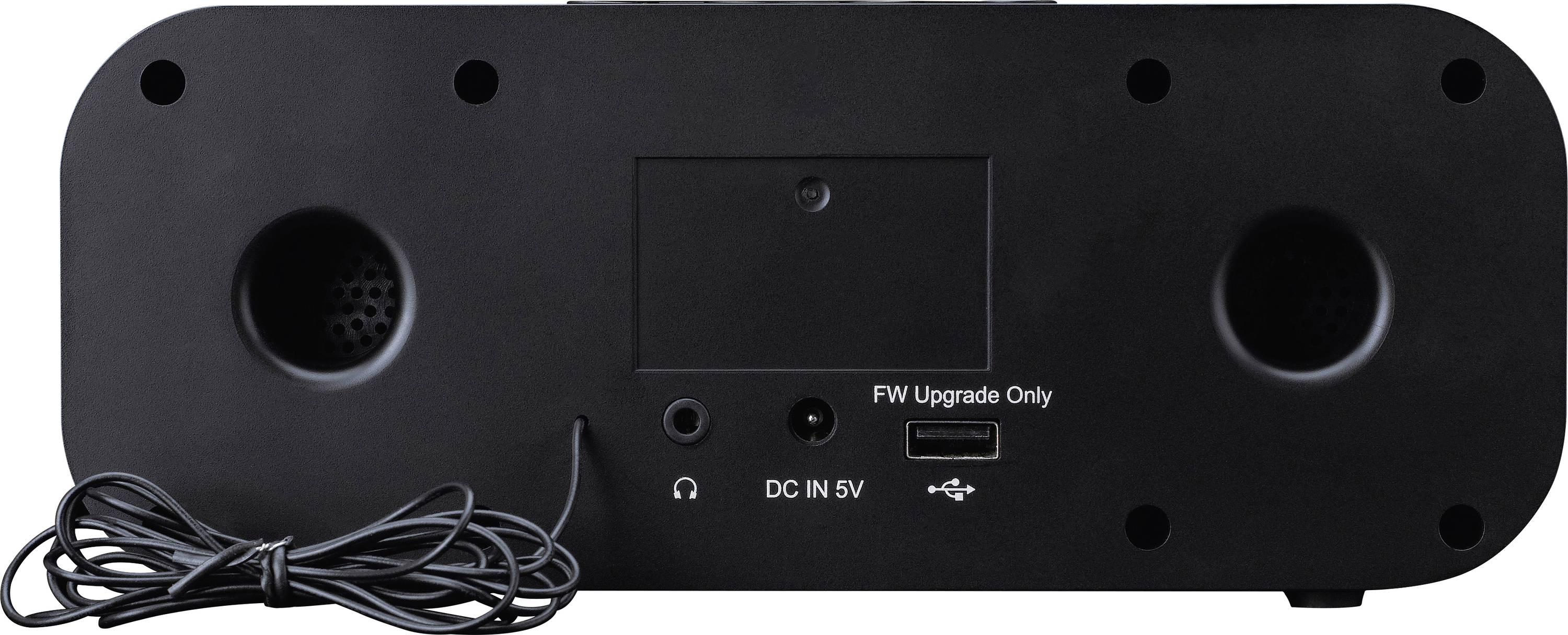 The image shows the back panel of a speaker system with two circular speaker grills, a power input labeled 'DC IN 5V', a USB port labeled 'FW Upgrade Only', and a connecting cable.