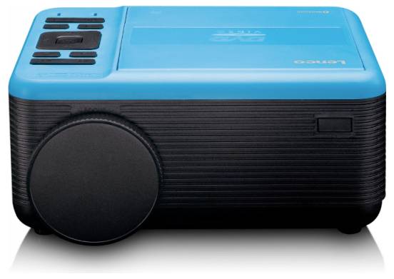 A blue and black compact projector with control buttons on top and a focus dial on the front, designed for portable media presentations.
