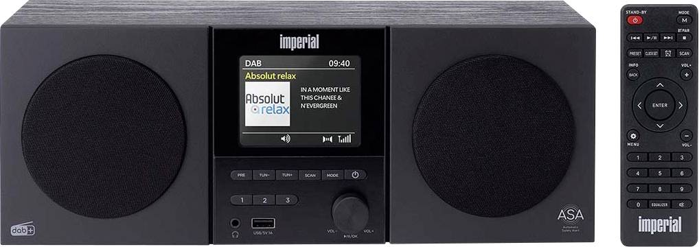 A stereo system with digital screen displaying 'DAB Absolut relax'. Includes speakers, control buttons, USB port, and remote control.