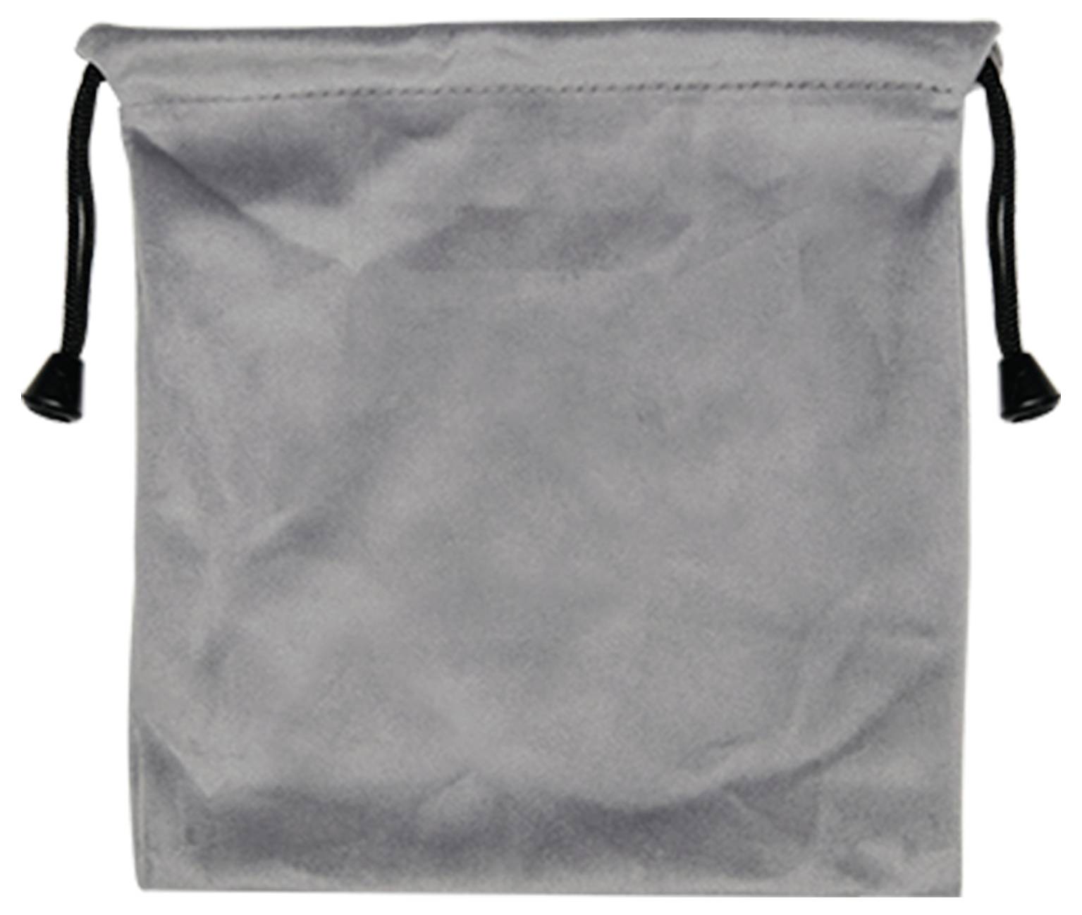 A gray drawstring pouch with black cords, slightly wrinkled surface, closed at the top.