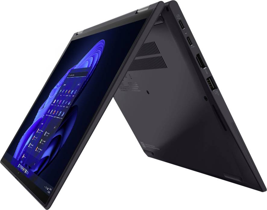 A convertible laptop in tent mode displaying a home screen, showcasing flexibility for different viewing angles.